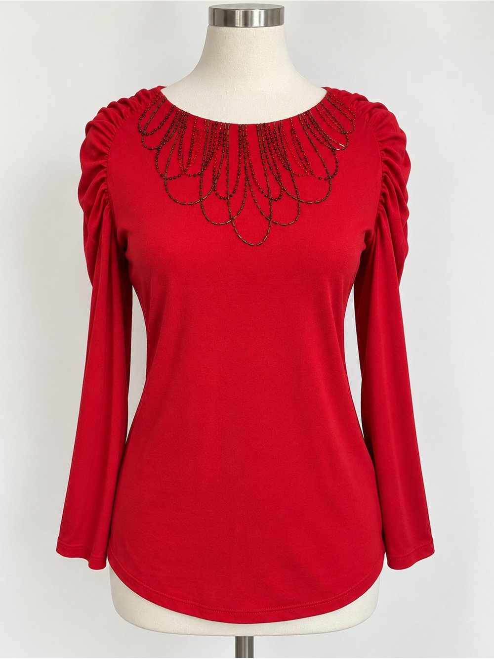 Susan Graver Artisan Red Beaded Ruched Shoulder Top XS